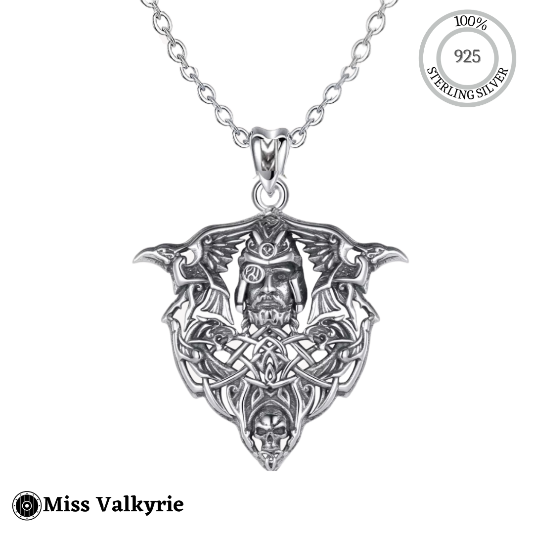 Sterling silver Odin necklace featuring intricate Viking design with ravens and Norse symbols