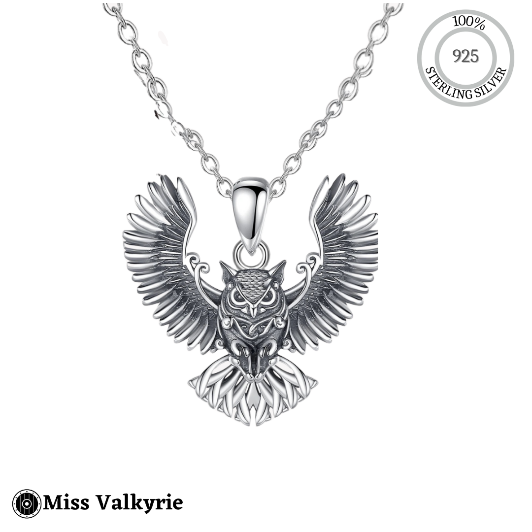 Miss Valkyrie sterling silver owl necklace with detailed wings and intricate pendant design