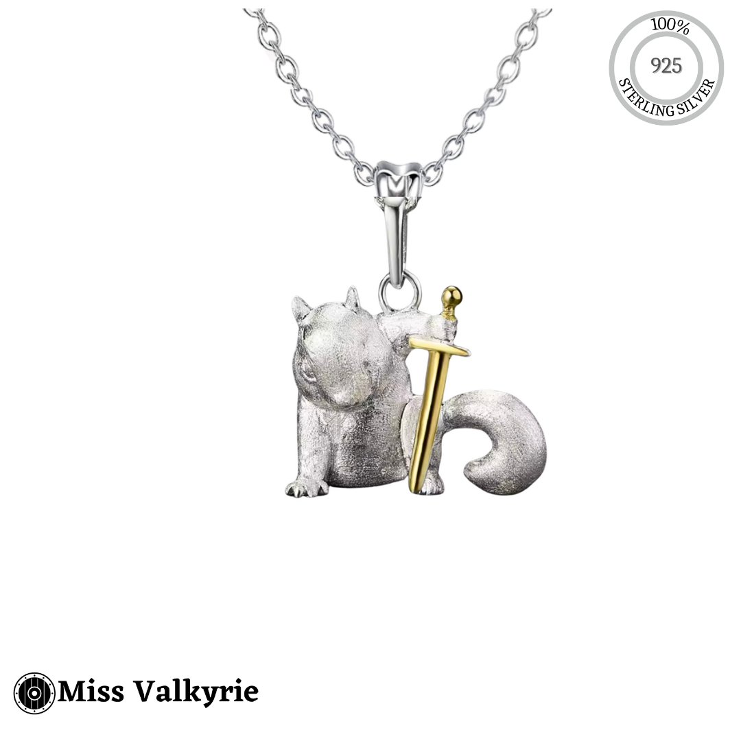 Sterling silver Ratatoskr squirrel sword necklace with gold sword pendant on chain by Miss Valkyrie