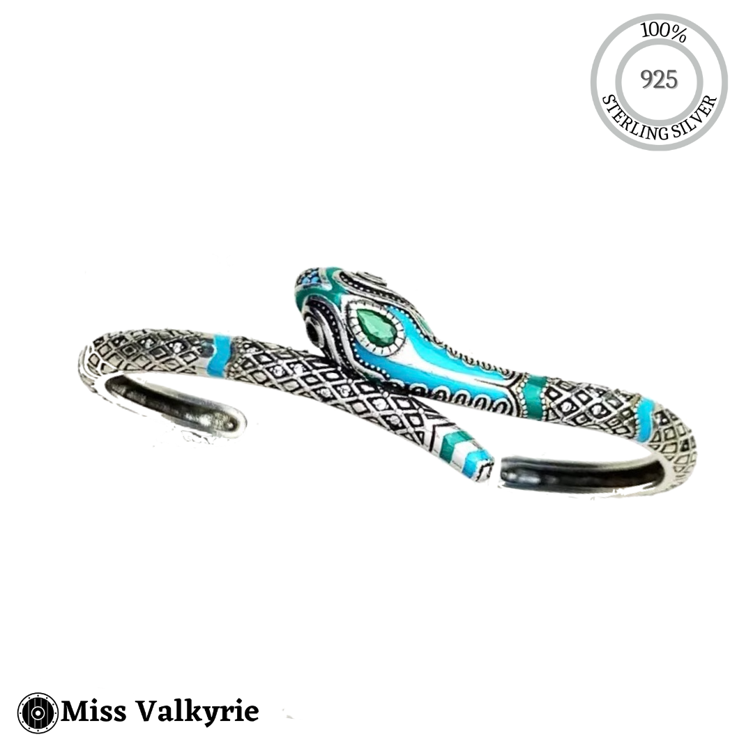 Sterling silver snake bracelet girl with turquoise and black enamel detailing by Miss Valkyrie