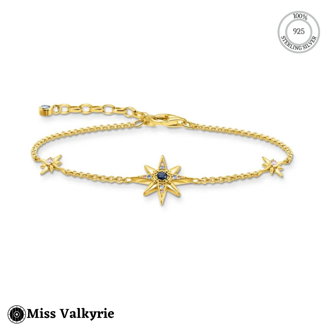 Sterling silver star bracelet gold plated 18k with three star charms and delicate chain by Miss Valkyrie