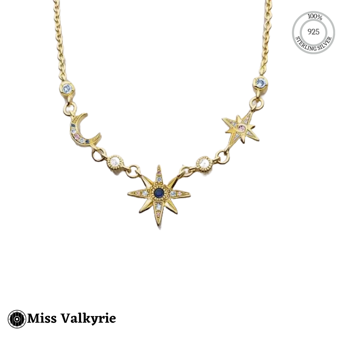Sterling silver star moon gold plated 18k necklace with celestial charms by Miss Valkyrie