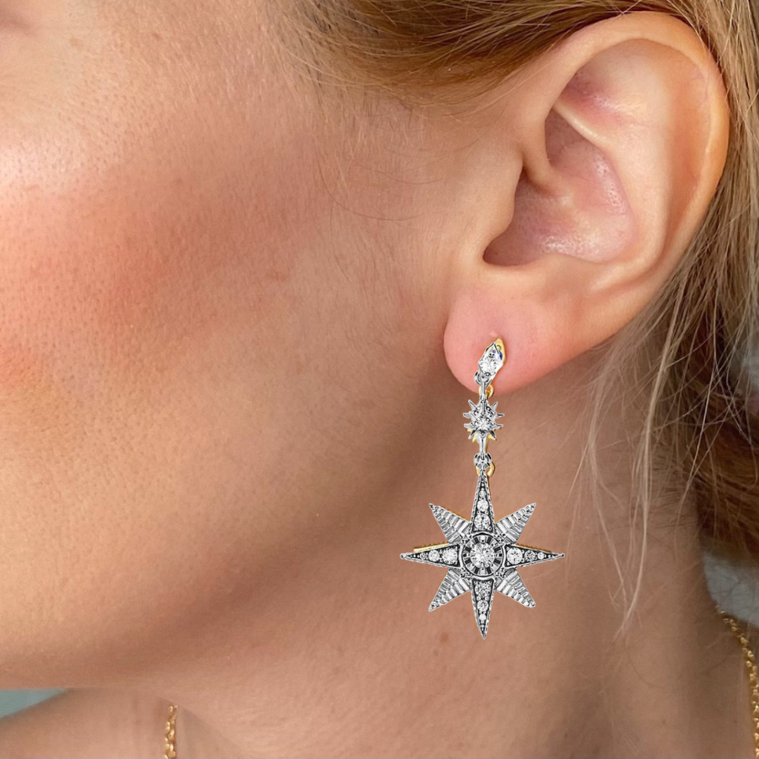Sterling silver Star moon mismatched earrings worn on ear with detailed star design and small moon accent