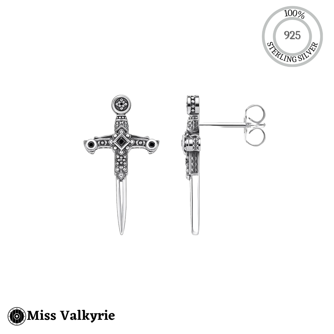Sterling silver sword earrings pin small with intricate detailing and vintage style by Miss Valkyrie