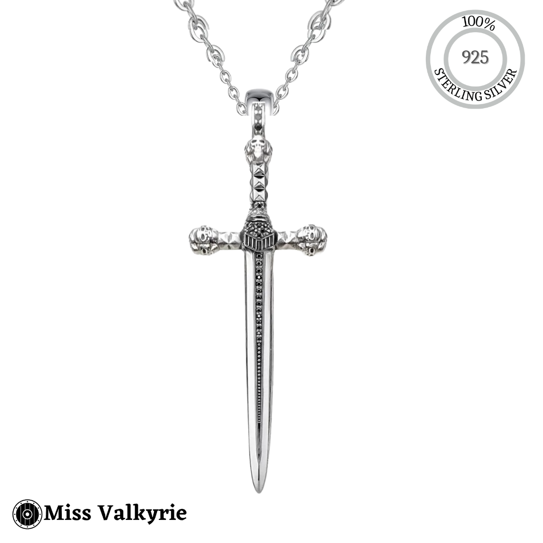 Miss Valkyrie sterling silver sword necklace with detailed hilt and 925 sterling silver chain