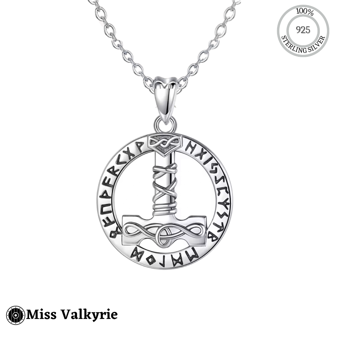 Sterling silver Thor's hammer mjolnir necklace with intricate Viking runes design by Miss Valkyrie