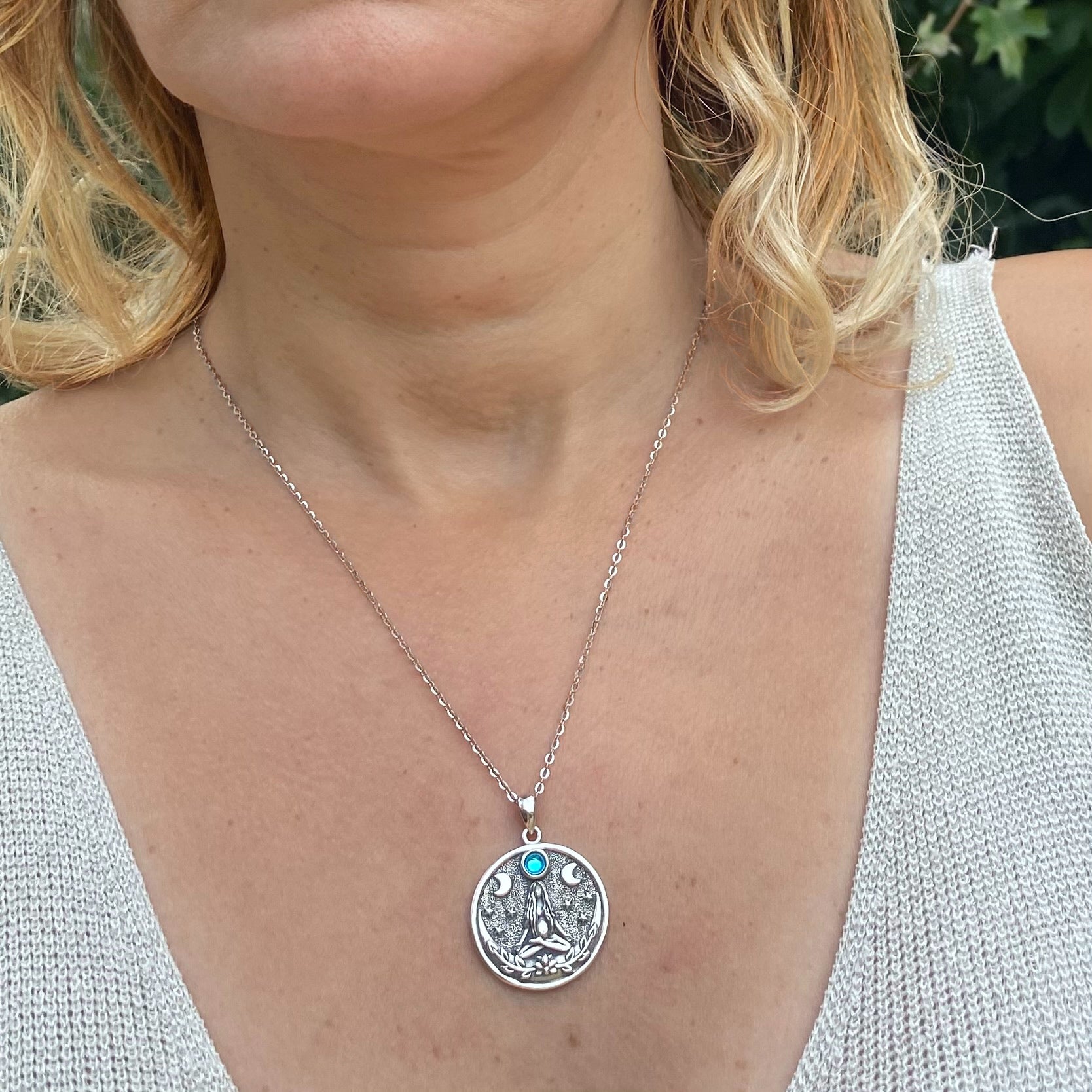 Sterling silver Triple moon goddess necklace with intricate goddess figure and moon phases pendant