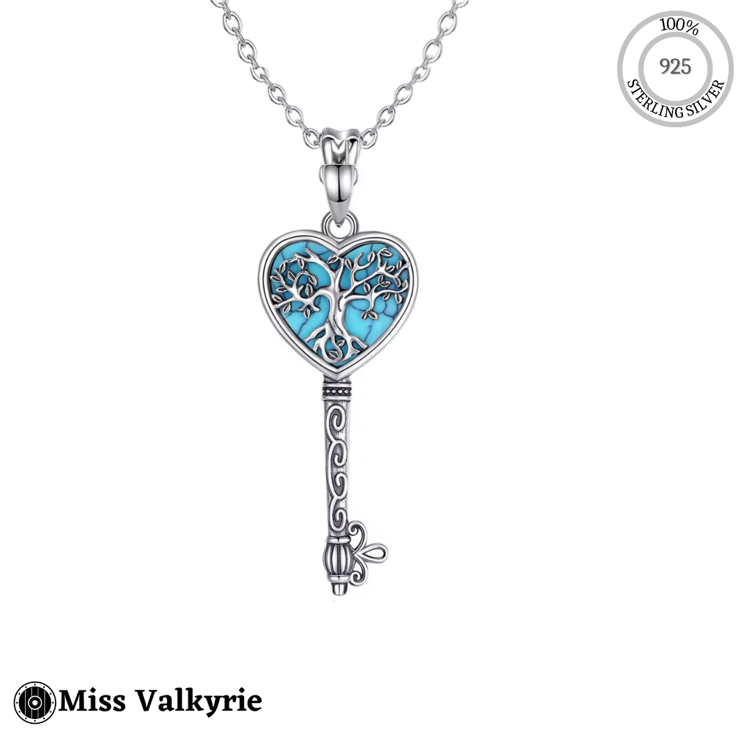 Sterling silver turquoise key yggdrasil tree of life necklace with intricate tree design pendant