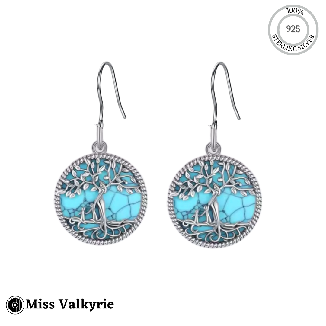 Miss Valkyrie sterling silver turquoise yggdrasil tree of life earrings with intricate round design