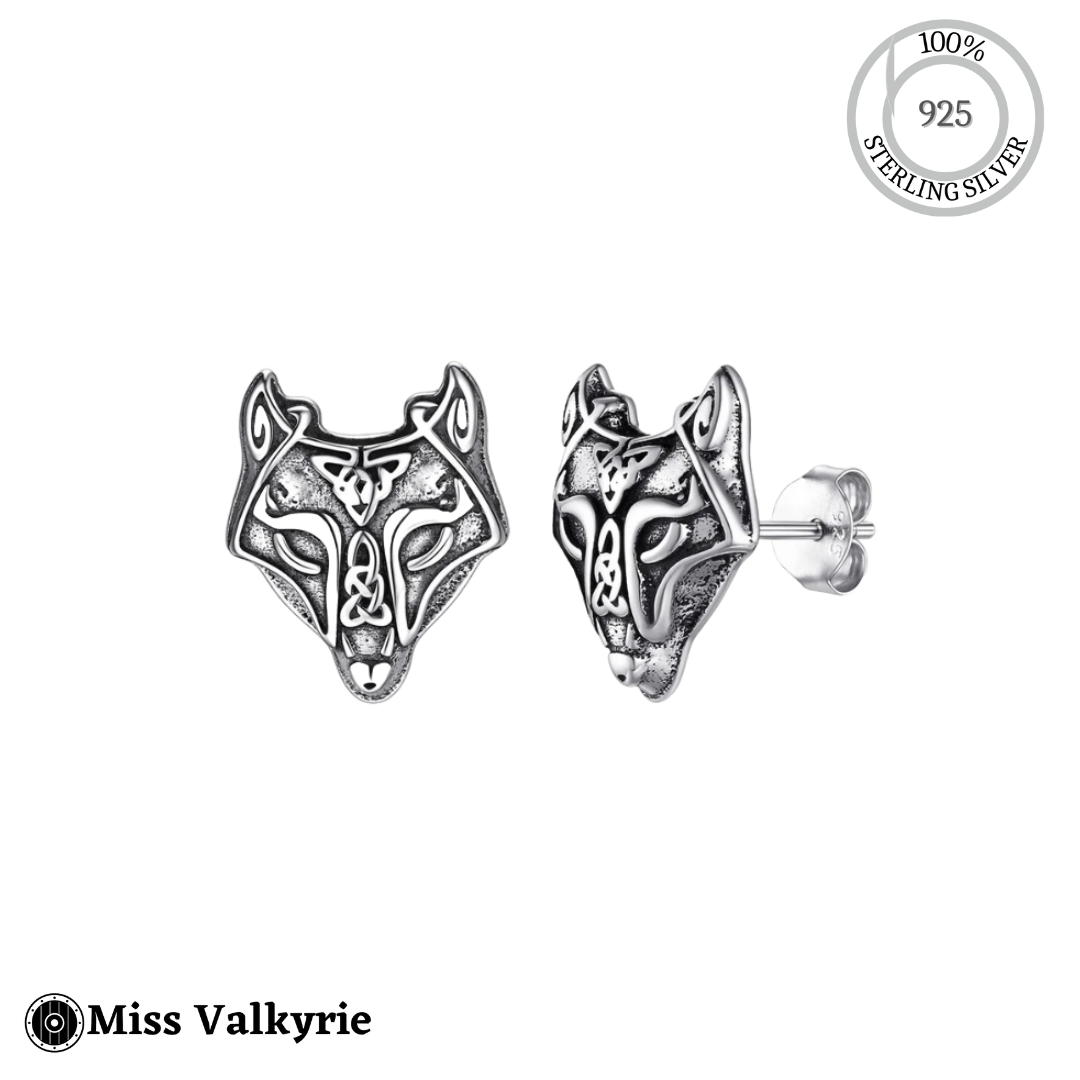 Sterling silver wolf earrings with intricate Celtic knot design by Miss Valkyrie
