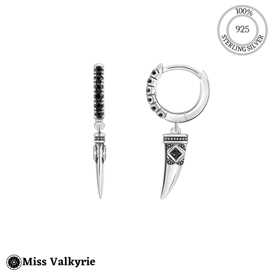 Sterling silver wolf tooth earrings pin small with black stone accents and detailed craftsmanship