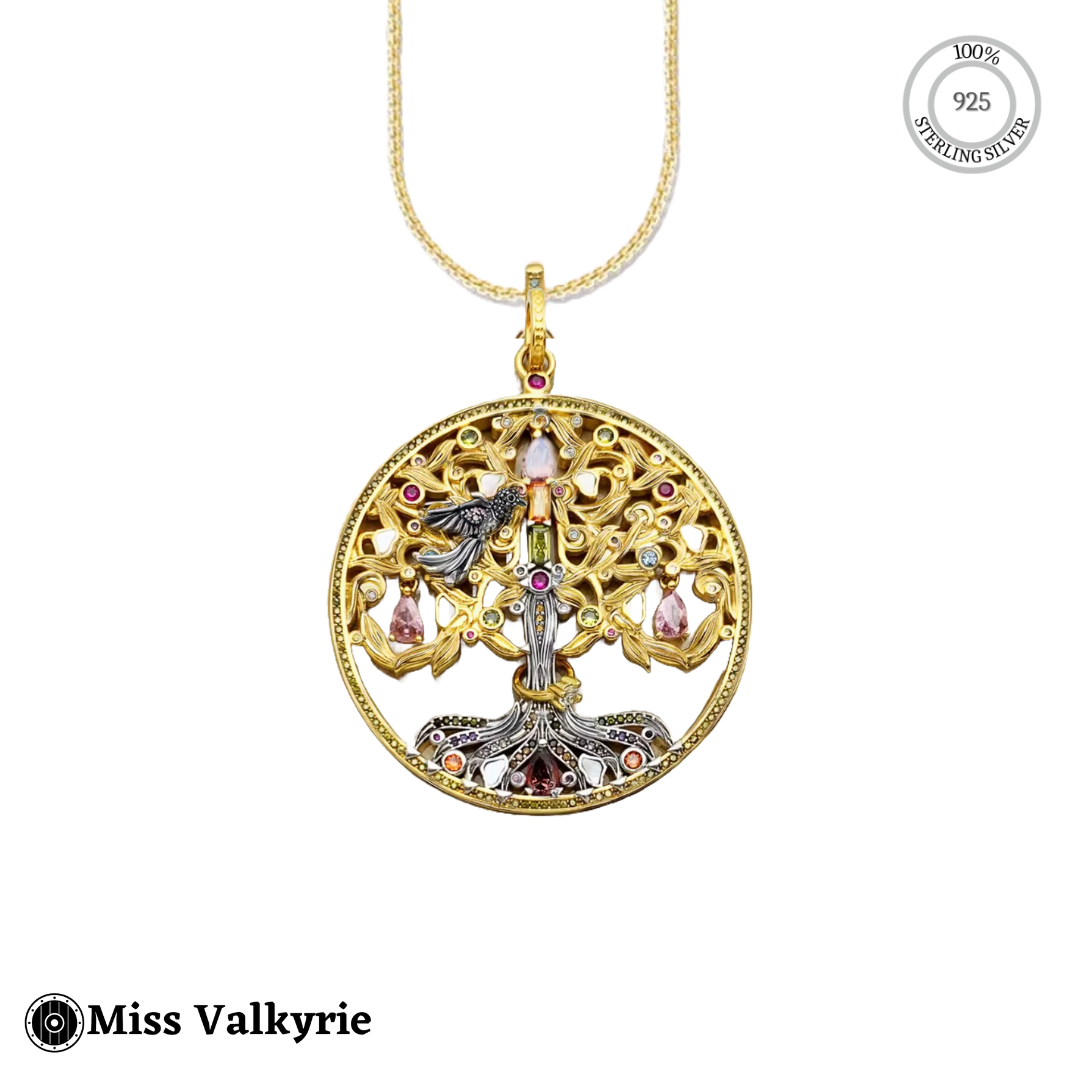 Sterling silver yggdrasil tree of life 18k gold plated necklace with detailed tree and colorful gemstones