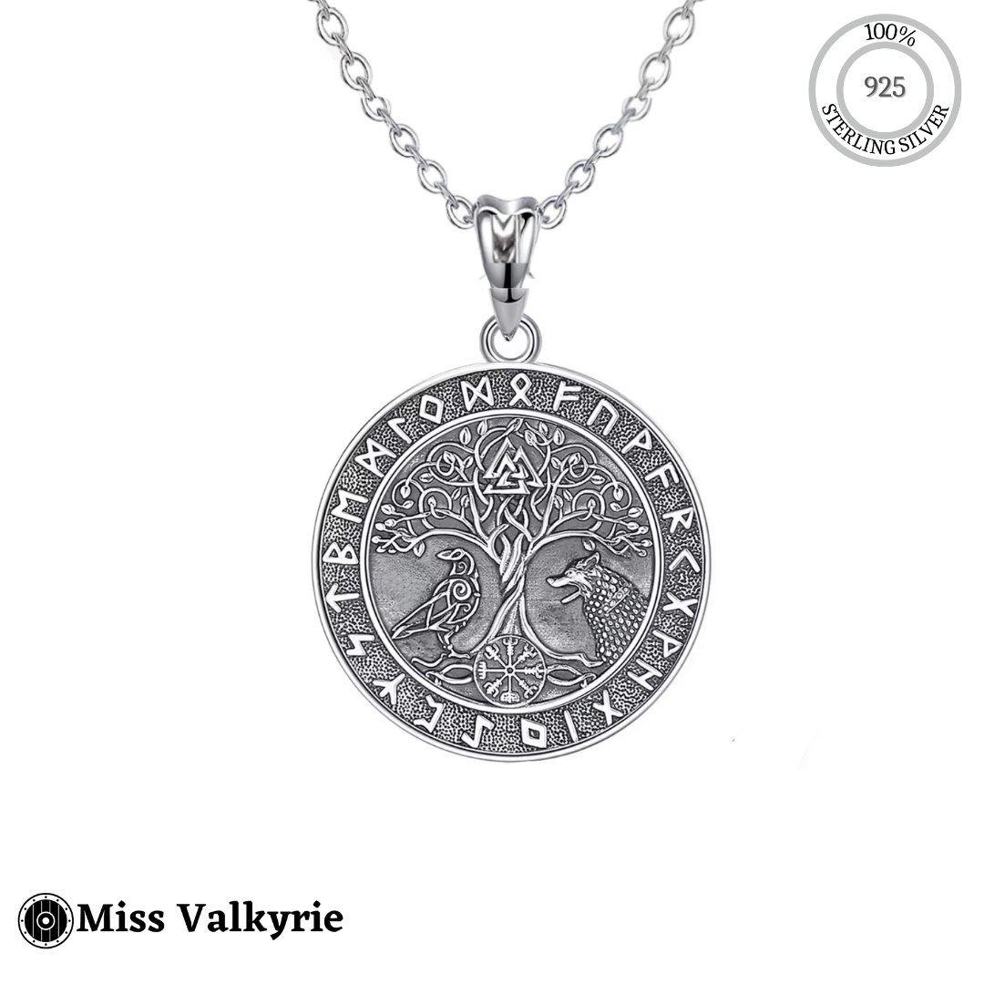 Sterling silver yggdrasil tree of life runes runic necklace with detailed Norse design and 925 silver mark
