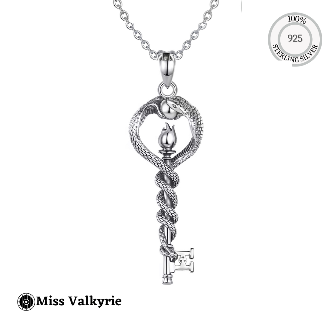 Torch Hekate’s Key Necklace in 925 sterling silver with intricate snake and flame design