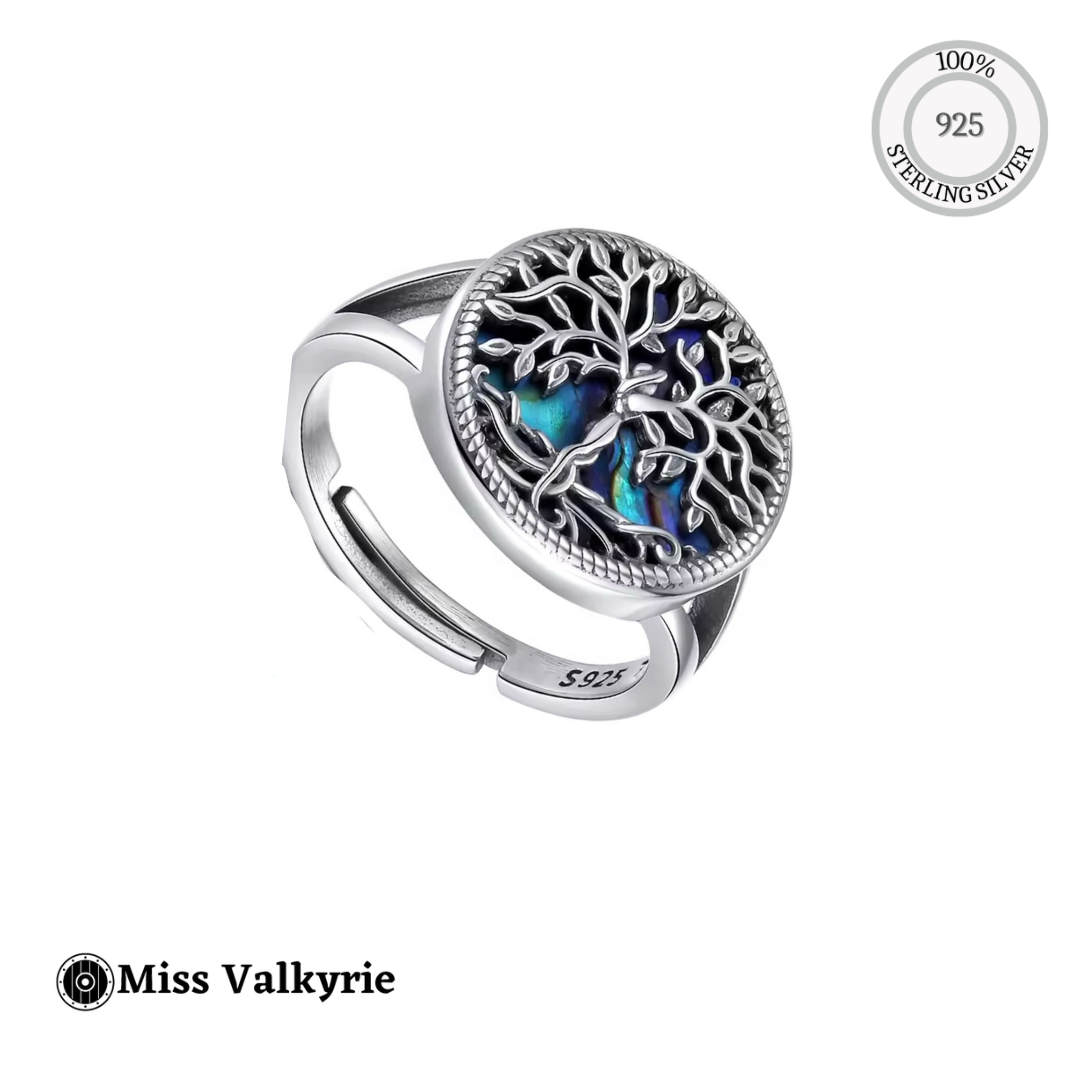 Miss Valkyrie sterling silver Yggdrasil ring with intricate tree design and blue abalone inlay