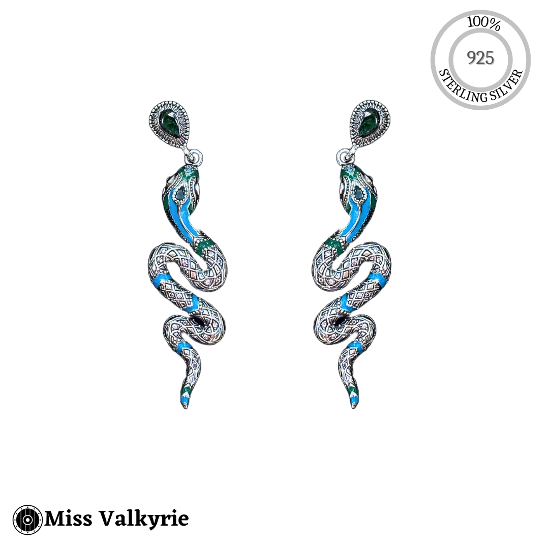 Miss Valkyrie sterling silver Snake earrings with blue and green enamel detailing