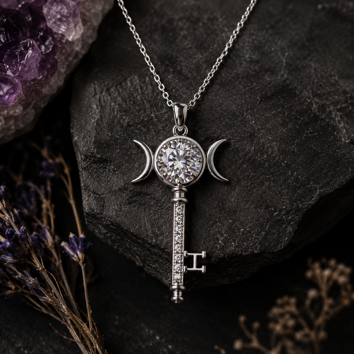 Moissanite Hekate Key Necklace featuring a sparkling design with crescent moon accents