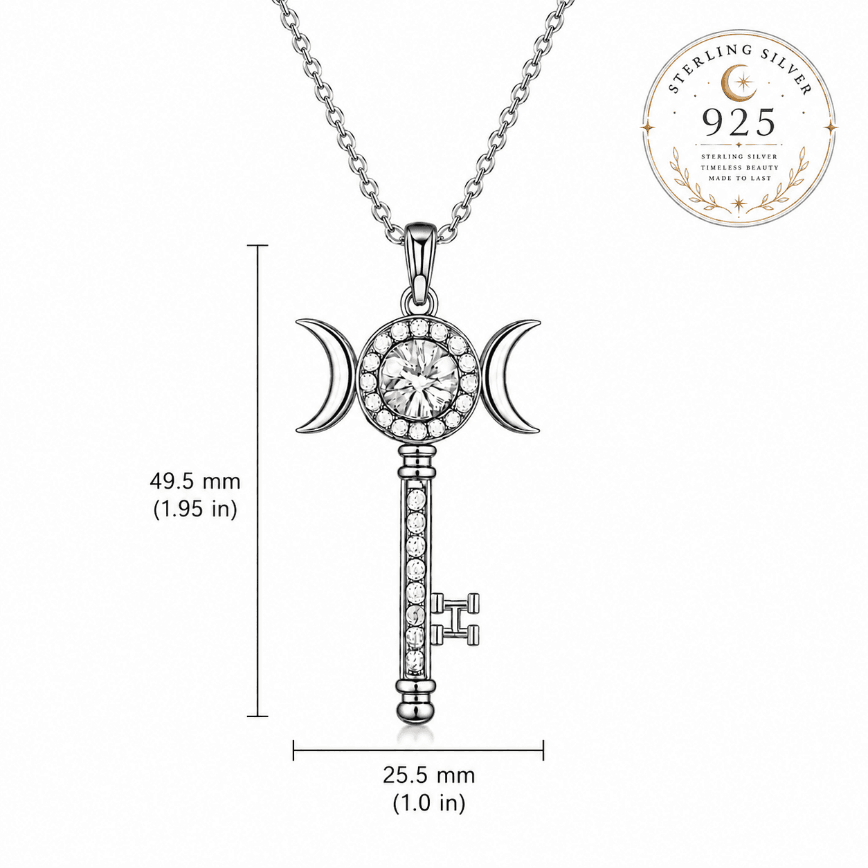 Hekate Key Necklace in Sterling Silver with a Sparkling Gem and Moon Details