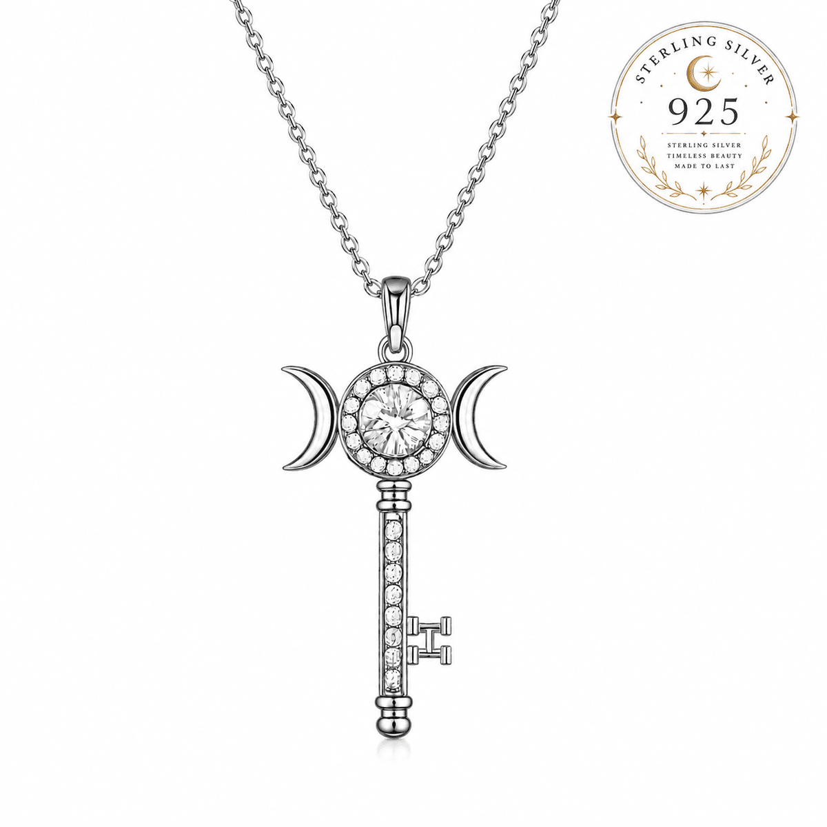 Sterling Silver Hekate Key Necklace with Crystal and Moon Phases for Spiritual Elegance