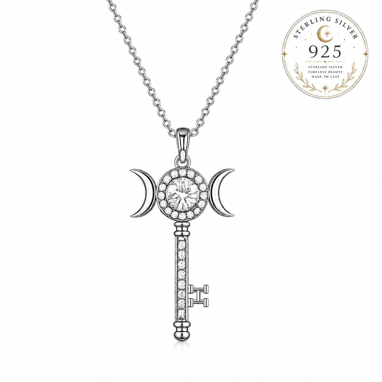 Sterling Silver Hekate Key Necklace with Crystal and Moon Phases for Spiritual Elegance