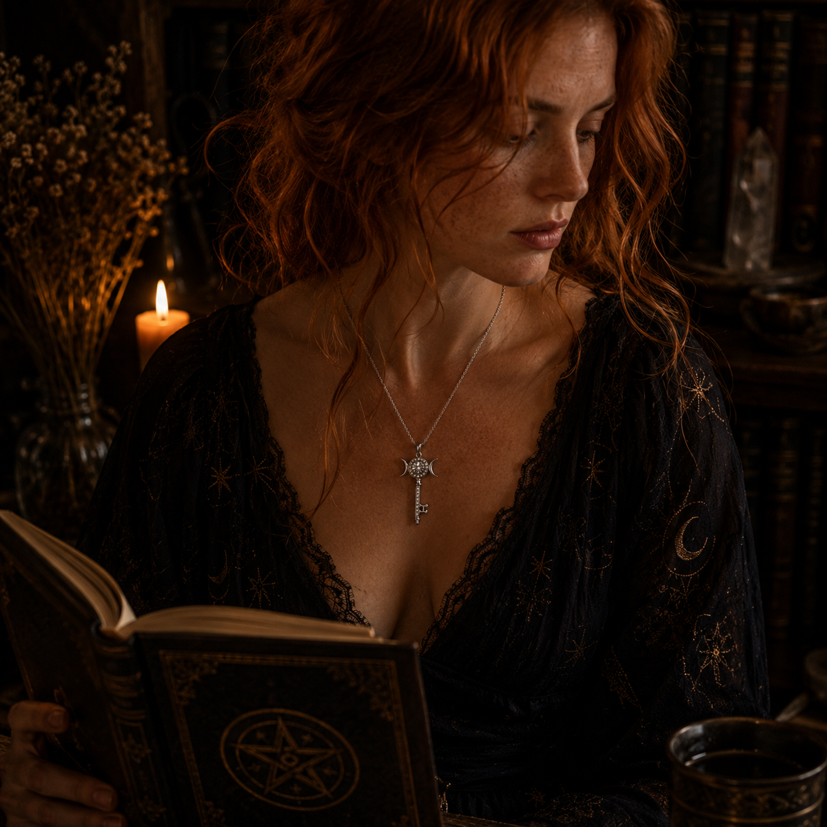 Miss Valkyrie Moissanite Hekate Key Necklace worn by a woman in a mystical setting while reading a book
