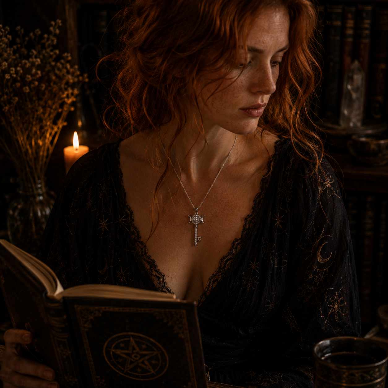 Miss Valkyrie Moissanite Hekate Key Necklace worn by a woman in a mystical setting while reading a book