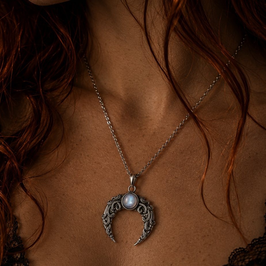 Miss Valkyrie Moon Necklace with Moonstone and Ornate Silver Design, Perfect for Celestial Jewelry Lovers