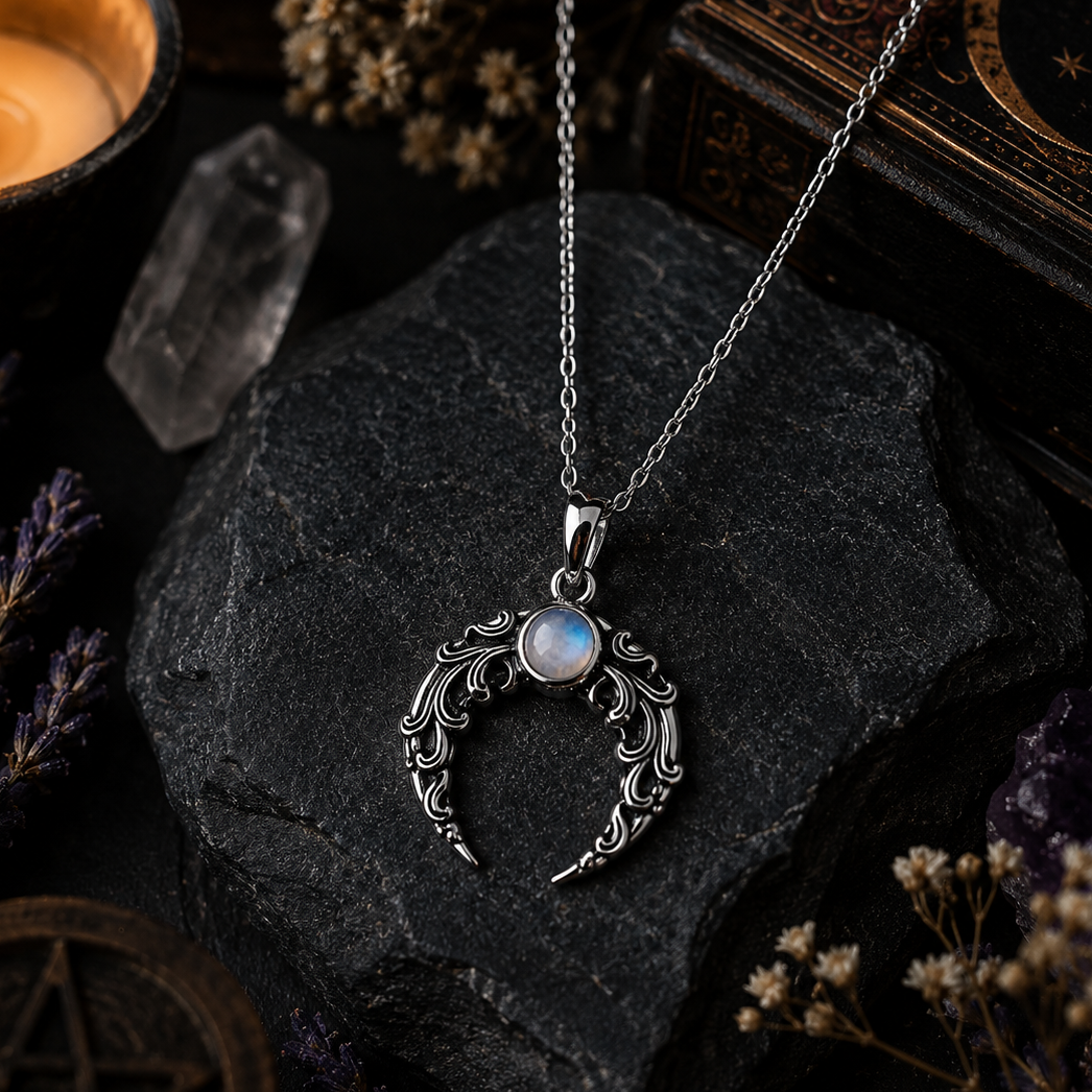Miss Valkyrie moon necklace with ornate silver design and sparkling moonstone pendant