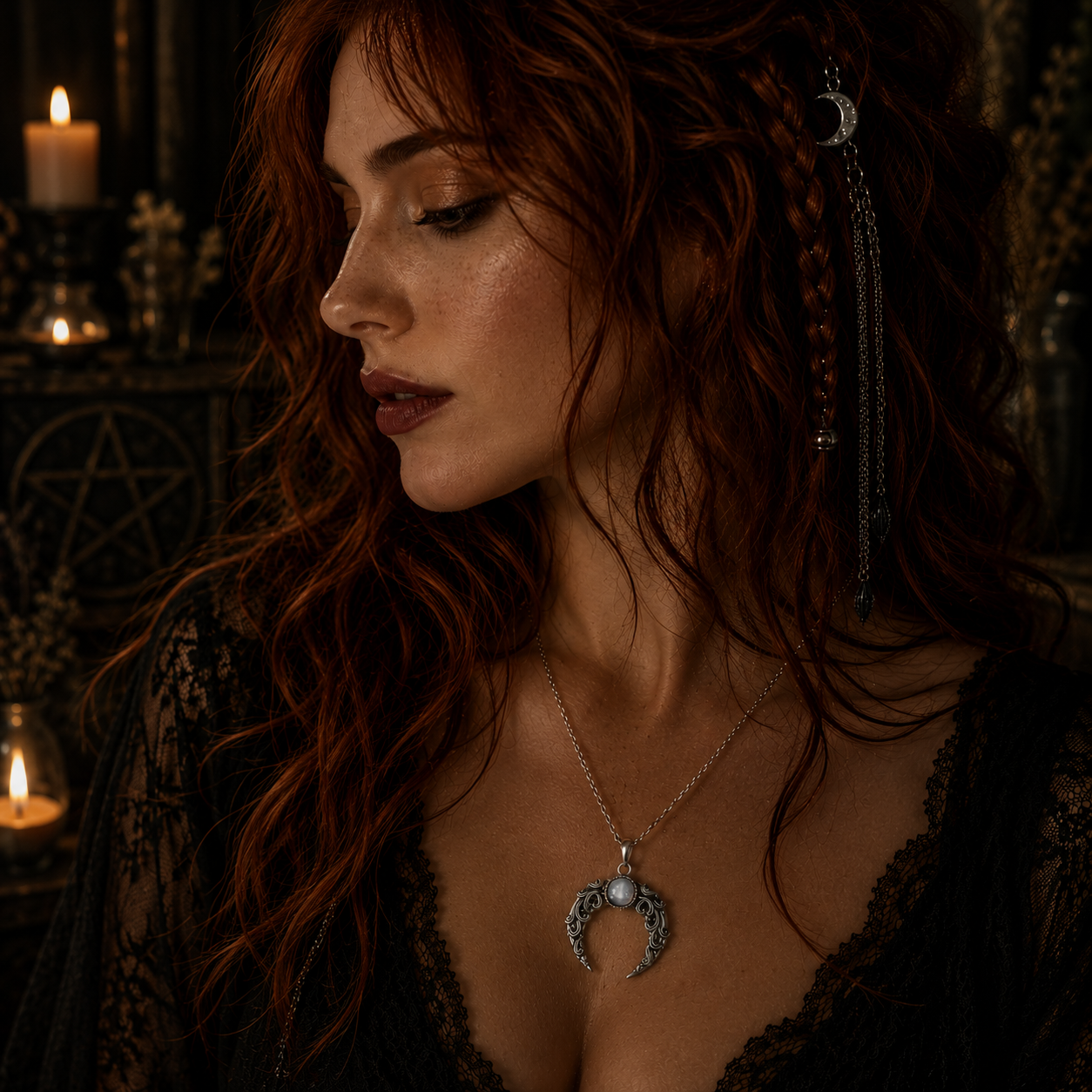 Model wearing a silver moon necklace with intricate design, styled with a dark lace dress