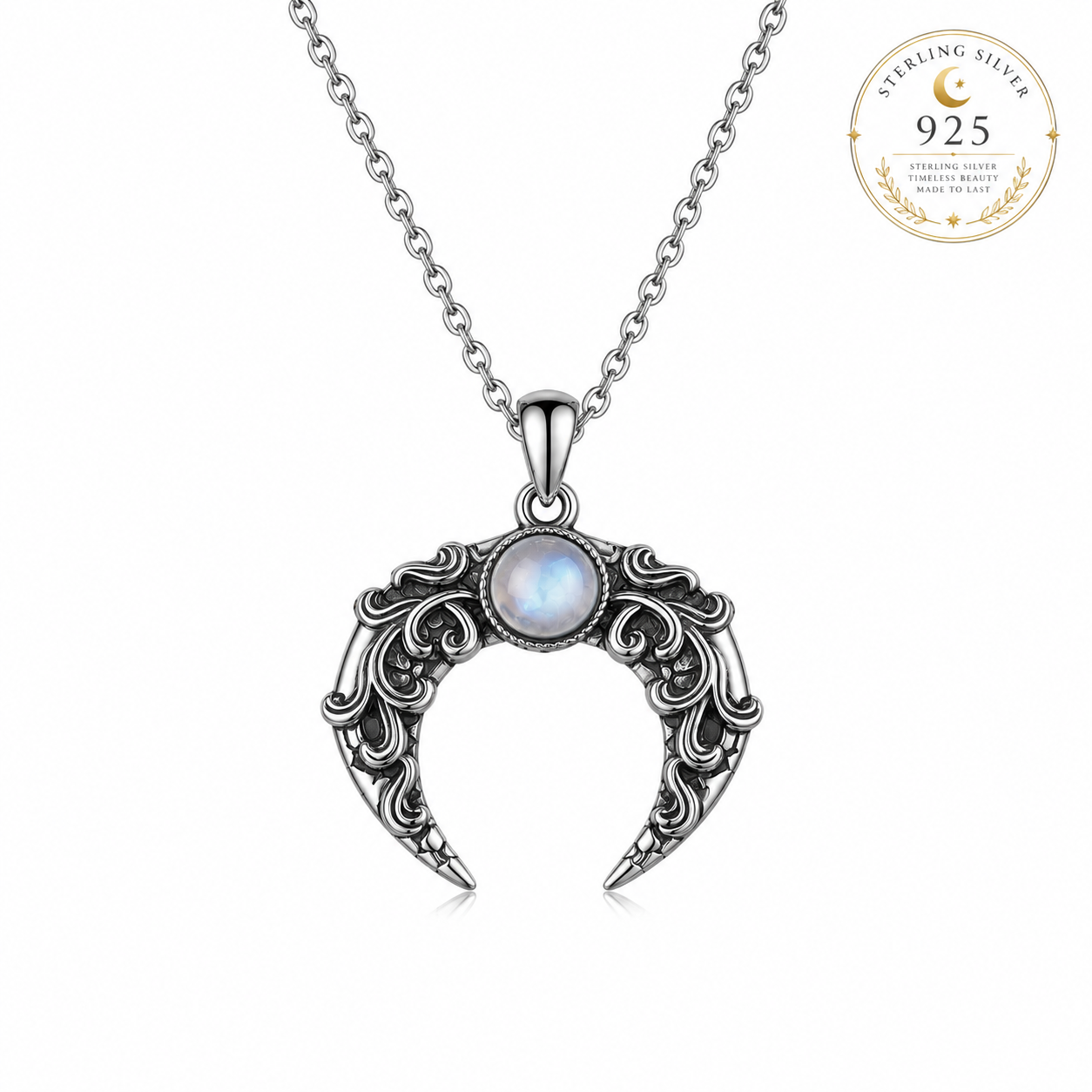 Miss Valkyrie moon necklace in sterling silver featuring a crescent design with a moonstone centerpiece
