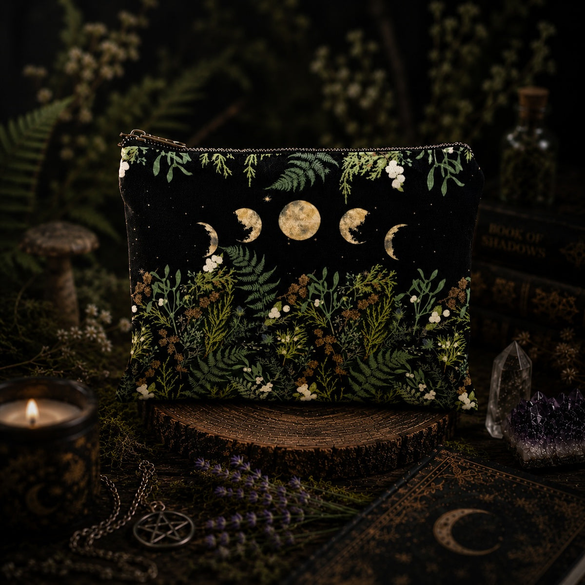Miss Valkyrie Moon Phases &amp; Forest Zipper Pouch with floral design and celestial motifs