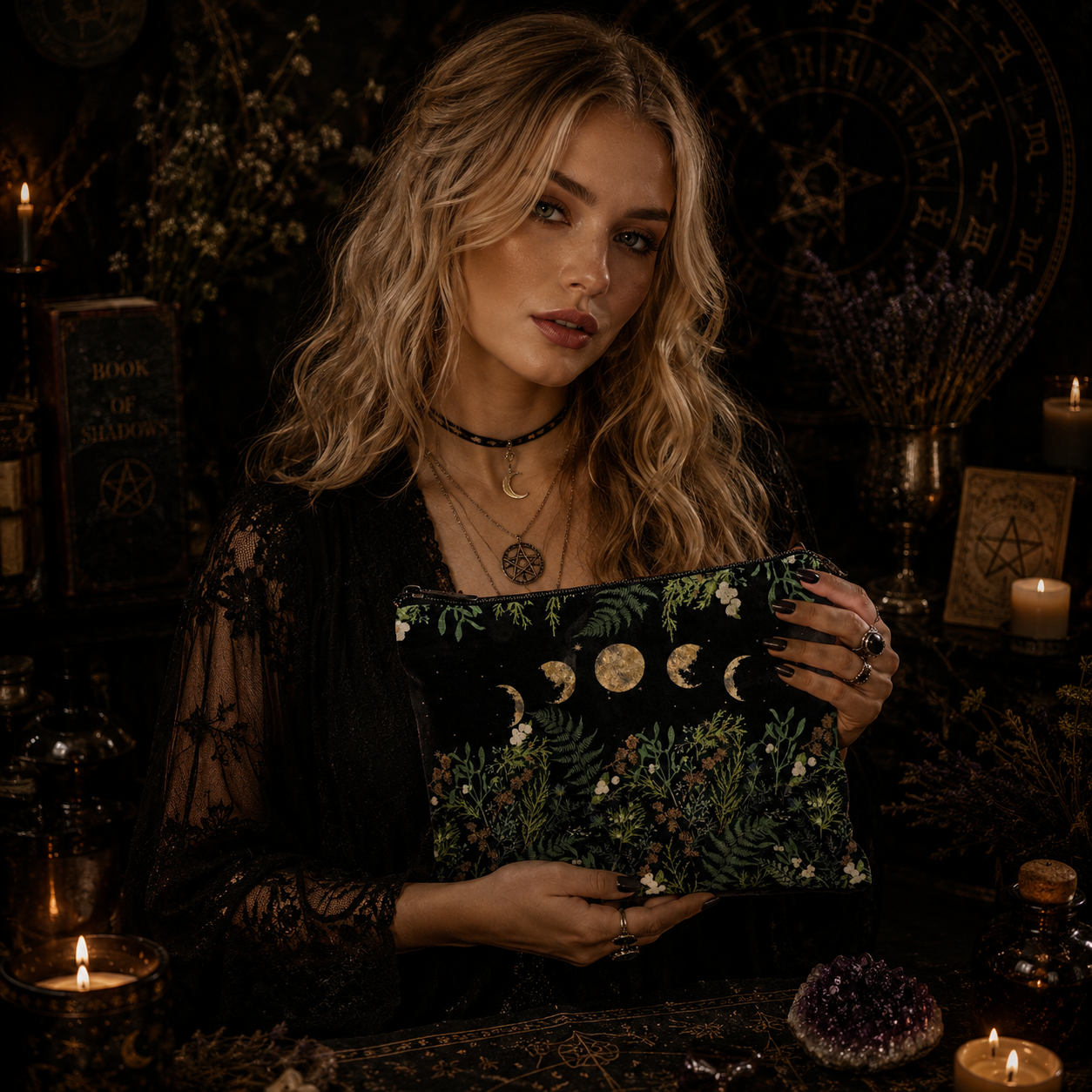 Miss Valkyrie Moon Phases & Forest Zipper Pouch with floral design and celestial motifs