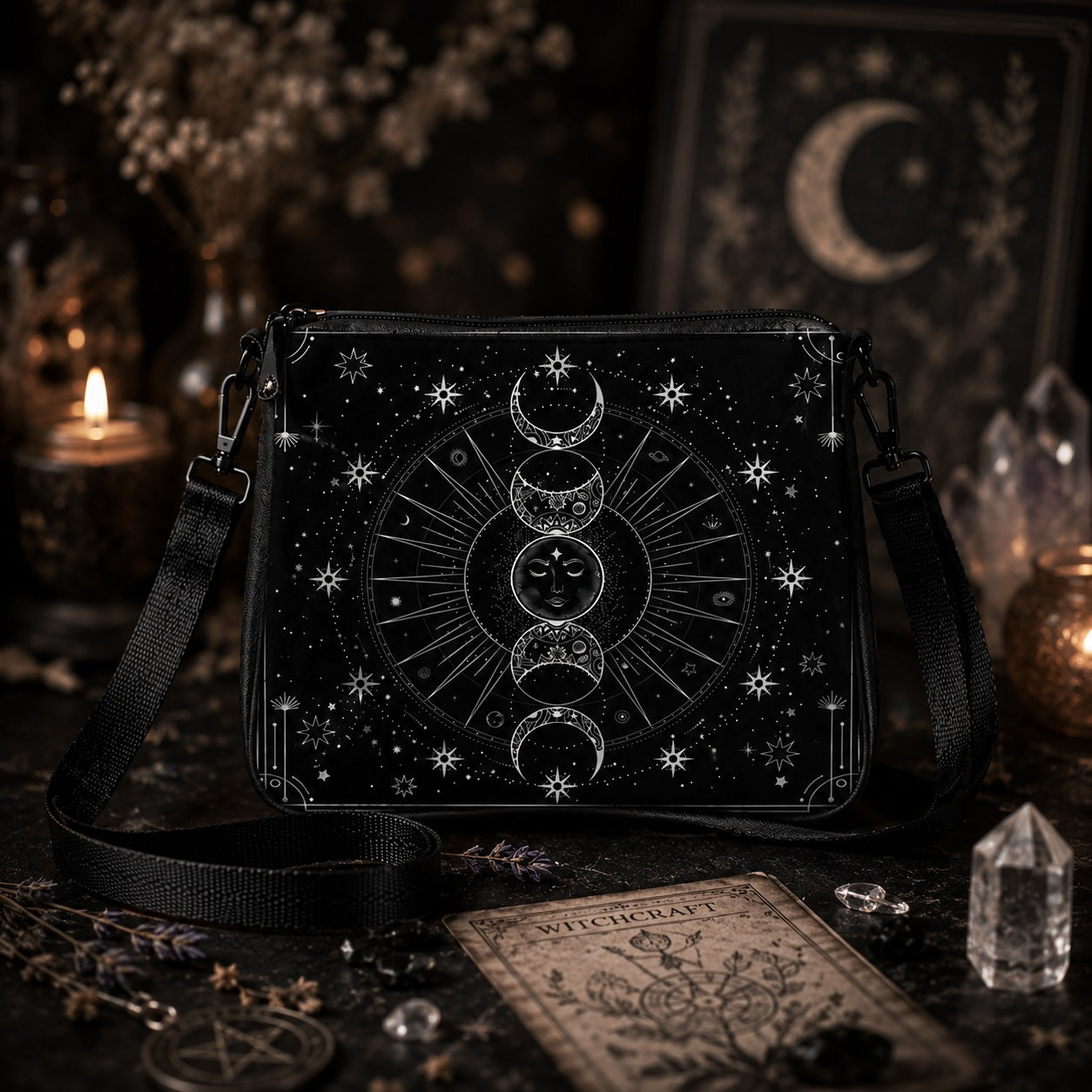 Moon Phases Messenger Bag featuring celestial designs with stars and lunar imagery for witchy enthusiasts