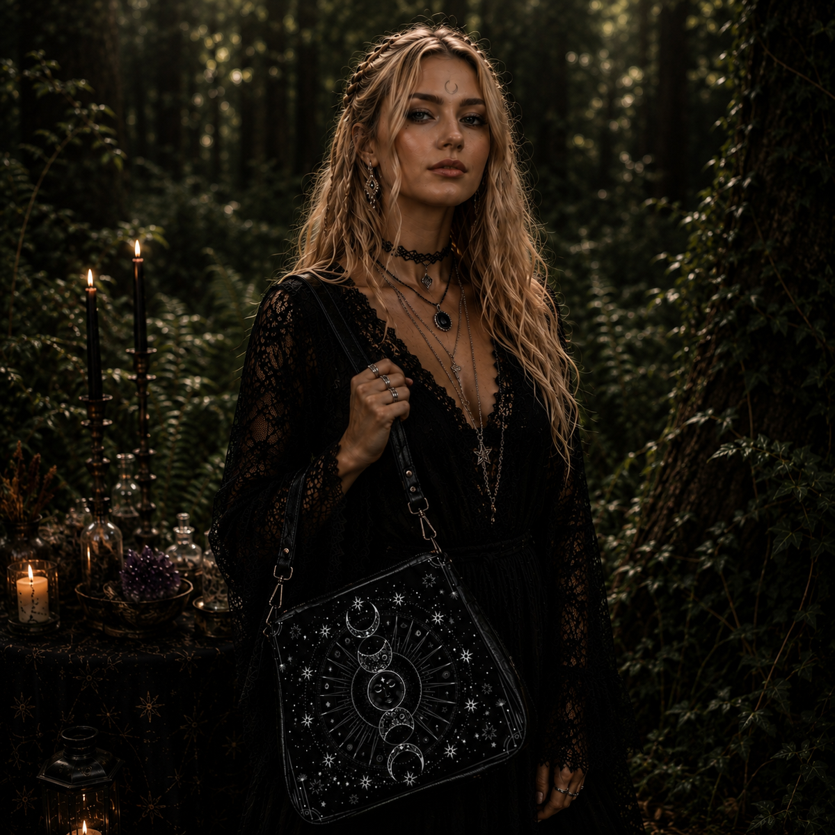 Moon Phases Messenger Bag in black with celestial designs, worn by a model in a forest setting