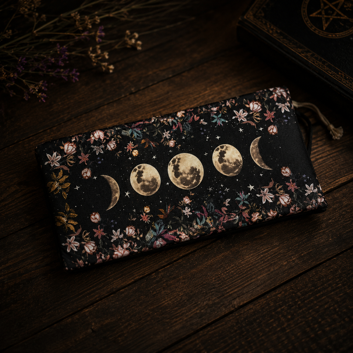 Moon Phases Tarot Card Pouch with Floral Design and Dark Background for Tarot Enthusiasts