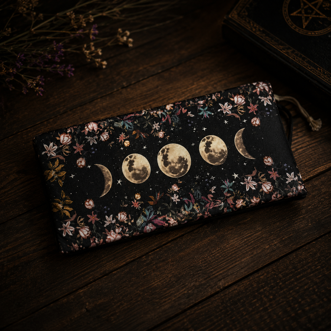 Moon Phases Tarot Card Pouch with Floral Design and Dark Background for Tarot Enthusiasts