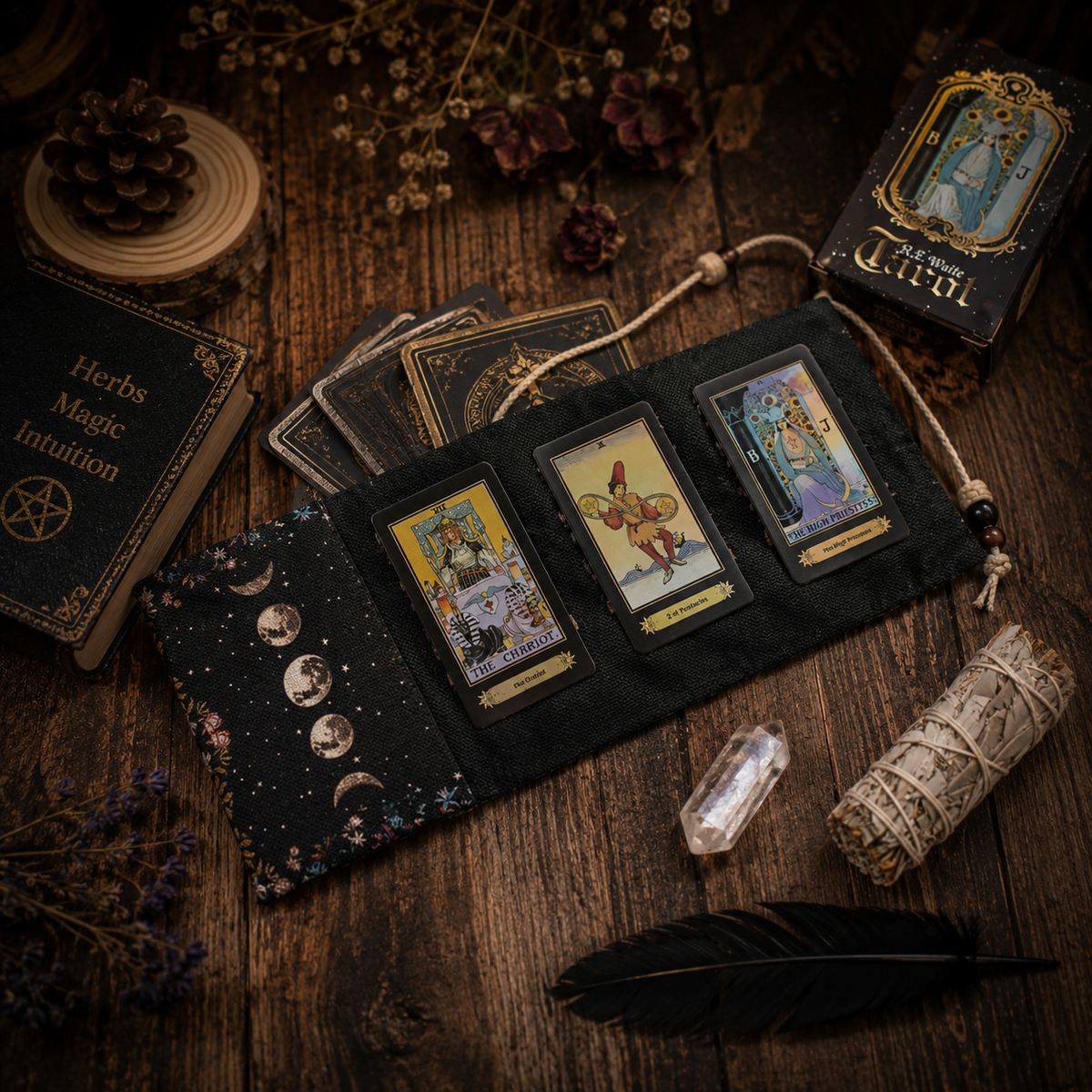 Moon Phases Tarot Card Pouch in black fabric with tarot cards laid out for mystical readings