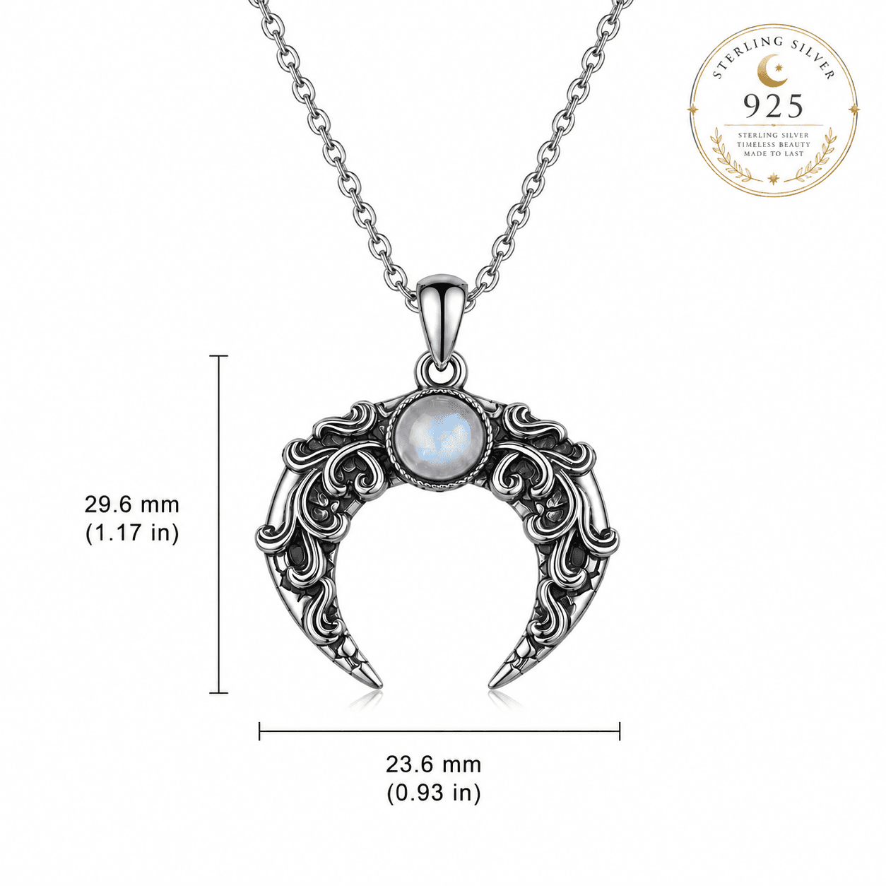 Sterling silver moon necklace featuring an intricate crescent design and a majestic moonstone center