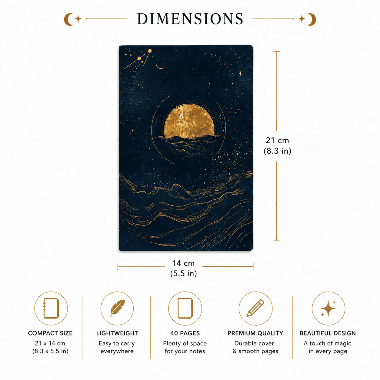 Celestial Moon Journal featuring a golden moon design on a deep blue cover with 40 pages