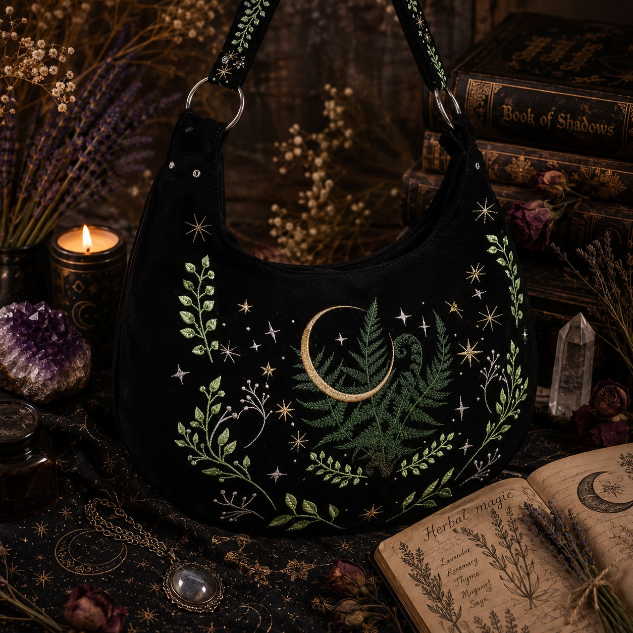 Moonlit Forest Witch Shoulder Bag featuring intricate fern designs and celestial elements