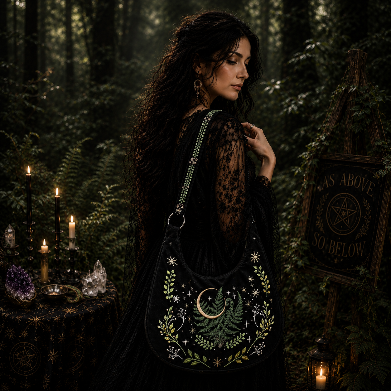 Moonlit Forest Witch Shoulder Bag featuring intricate fern designs and celestial elements
