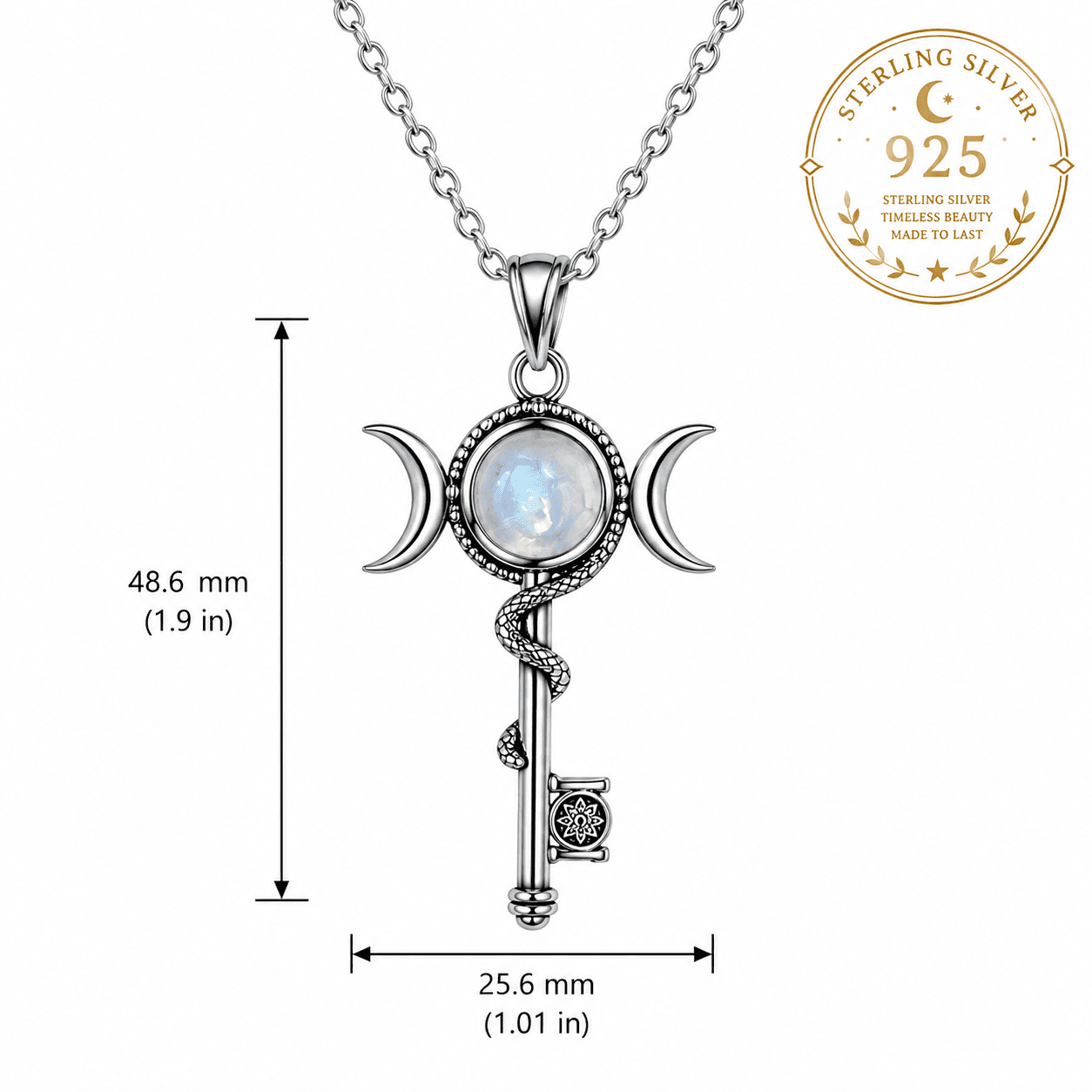Hekate Key Necklace in sterling silver with a moonstone and snake design for a mystical look