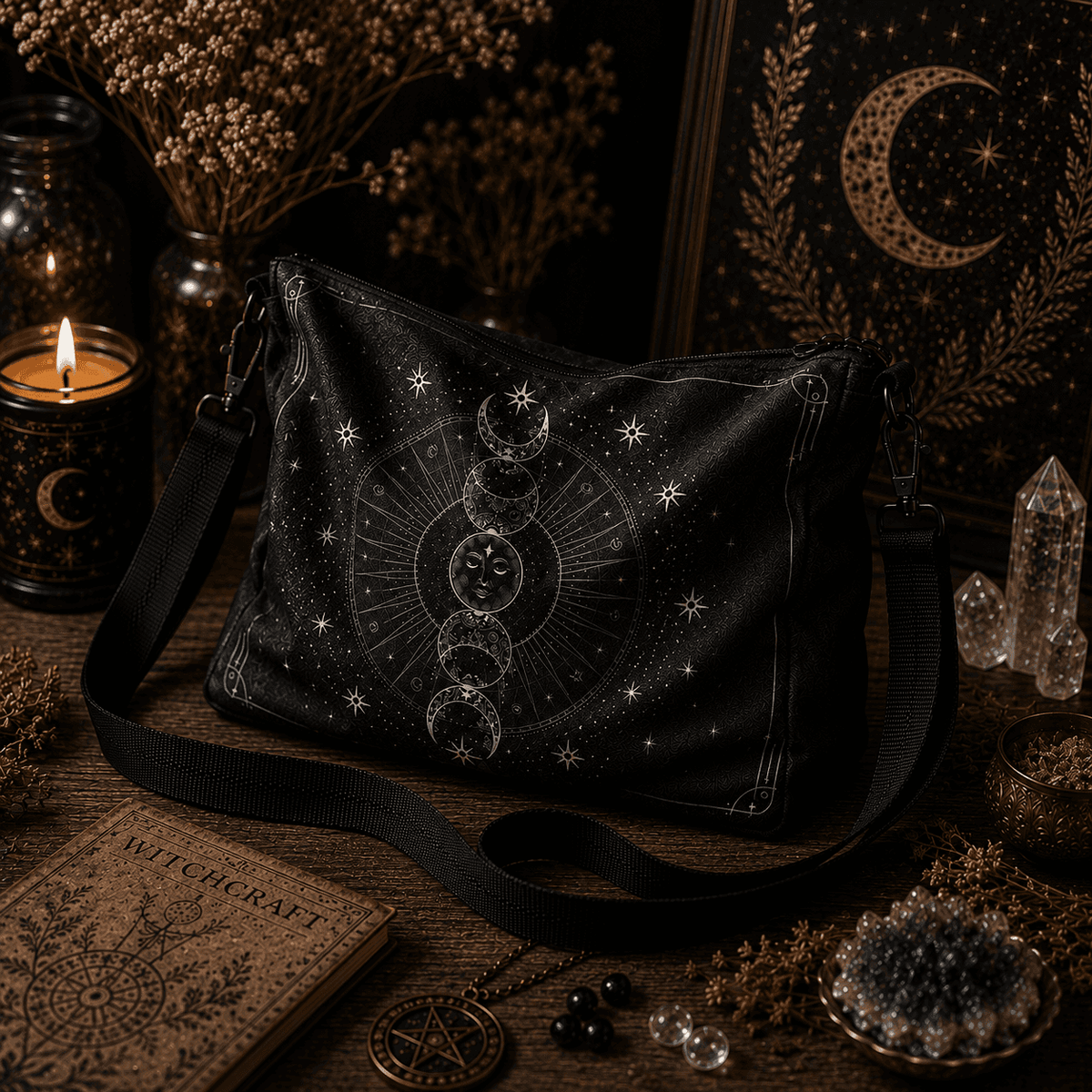 Miss Valkyrie Black Crossbody Bag with Celestial Moon Phases Design for Witchcraft Aesthetics