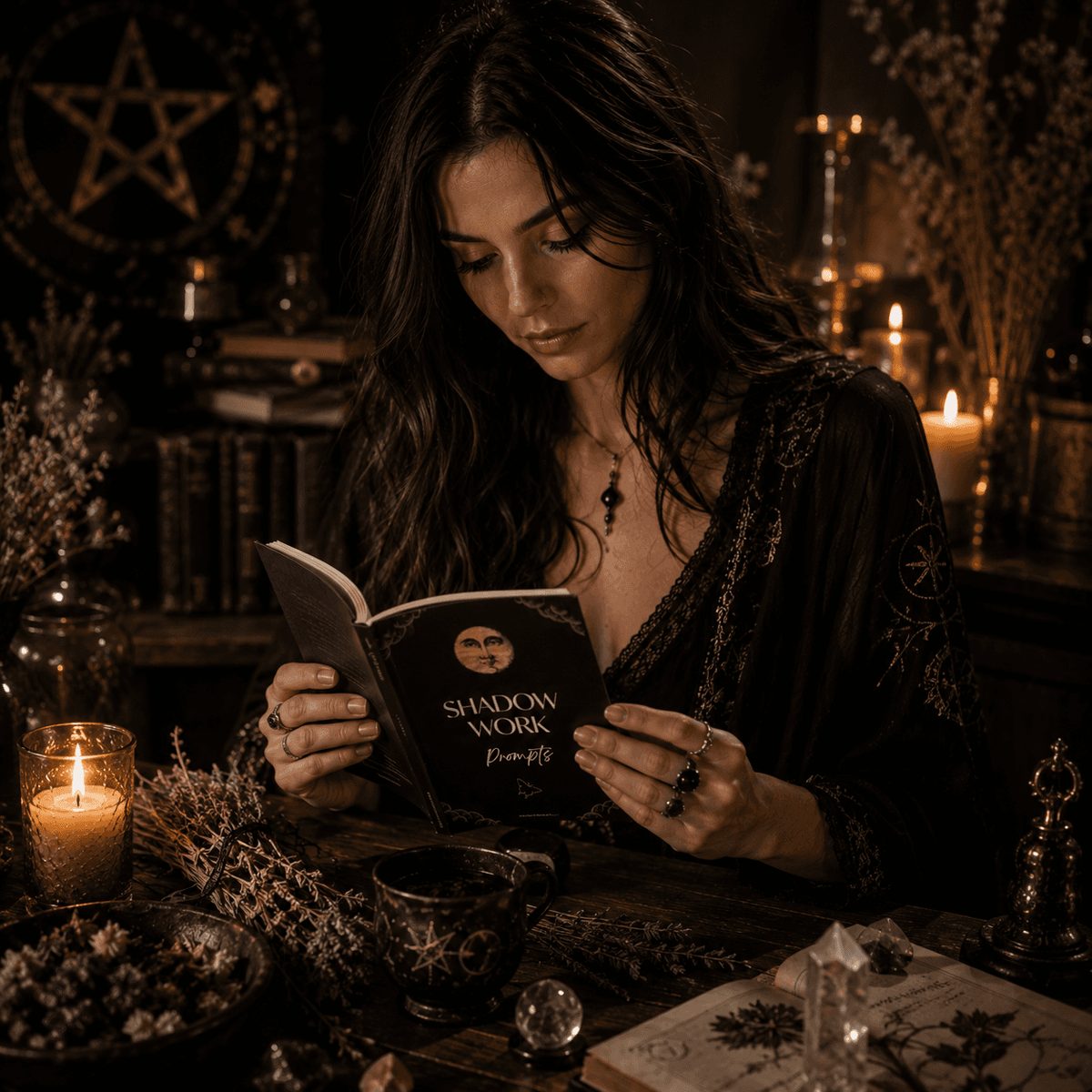 Woman reading a book titled Shadow Work surrounded by candles and crystals on a mystical table