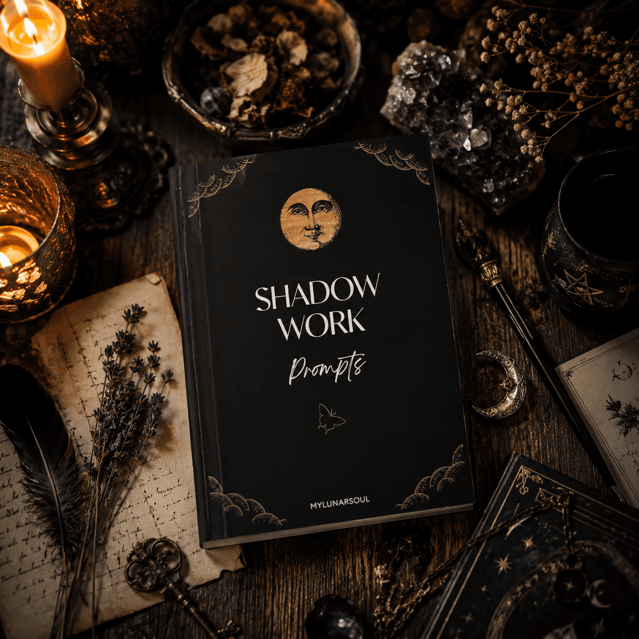 Shadow Work Prompts Journal by Miss Valkyrie with mystical decor and candles for self-discovery