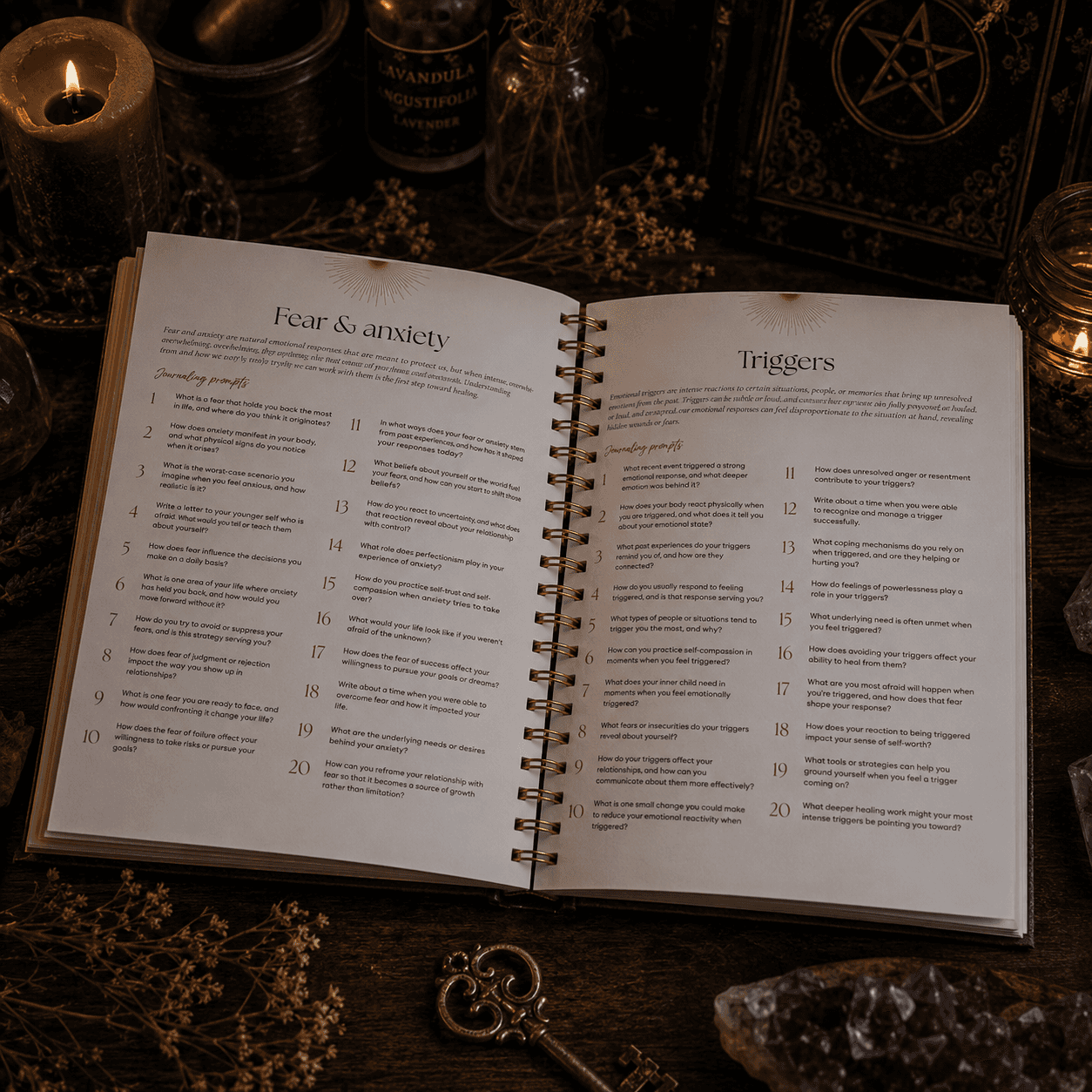 Shadow Work Prompts Journal by Miss Valkyrie with mystical decor and candles for self-discovery