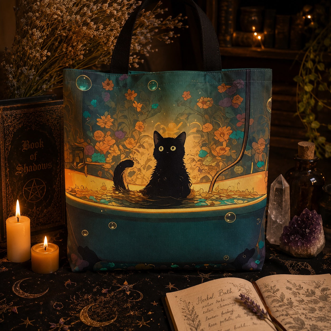 Mystic Black Cat Enchanted Tote Bag featuring a playful cat in a magical setting