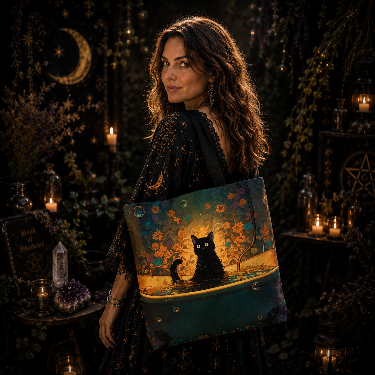 Mystic Black Cat Enchanted Tote Bag featuring a whimsical black cat design and vibrant floral details