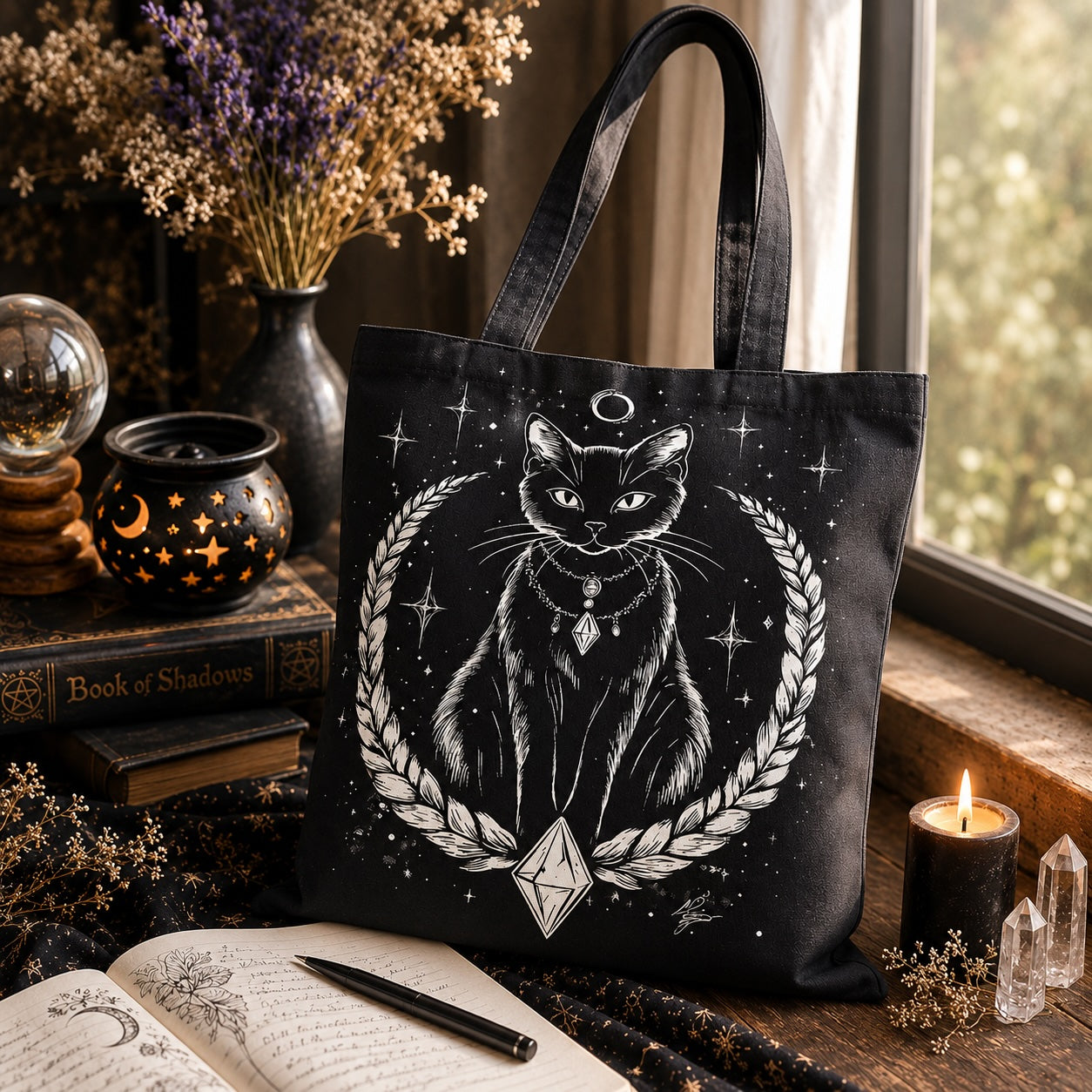 Mystic Black Cat Tote Bag featuring a detailed black cat illustration surrounded by celestial designs