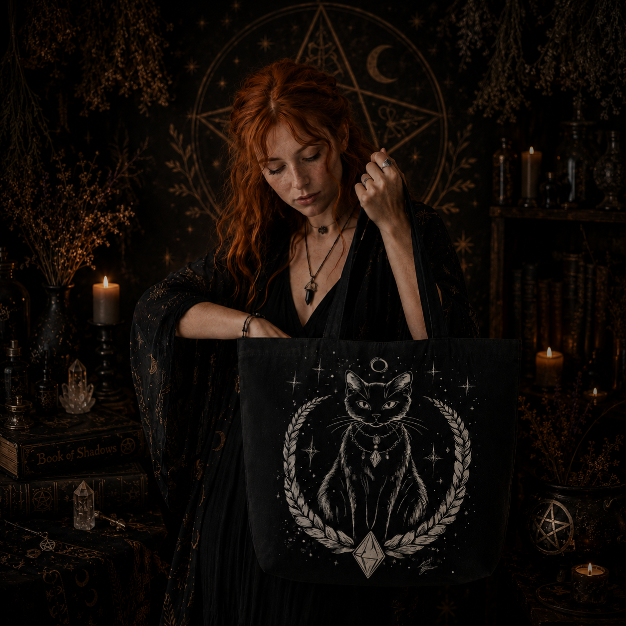 Mystic Black Cat Tote Bag featuring a detailed black cat illustration surrounded by celestial designs